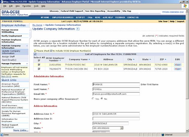 Maintain Company Information Update Company Information OCSE Employers with the same FEIN can be assigned