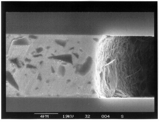 Figure 12: SEM image of a good and poor glass frit bond. This difference in bond quality can be seen from the side walls. 7.2.1 Bond strength The bond strength is in excess of 30 MPa, the Si wafers breaks before the wafer can be pulled apart.