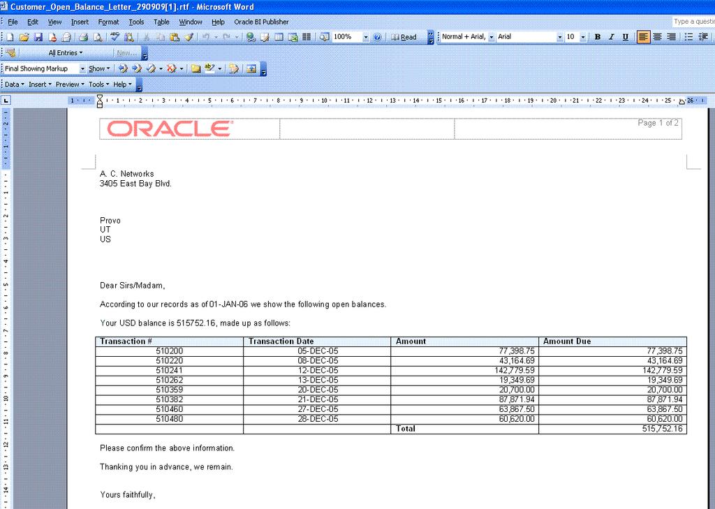 Oracle Financials Reports as BI Publisher Reports Report template has been