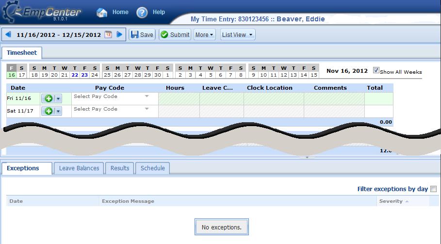 Employee Timesheet (My Time Entry) Access your timesheet by clicking on Enter My Hours on the Dashboard. Timesheet Top A.