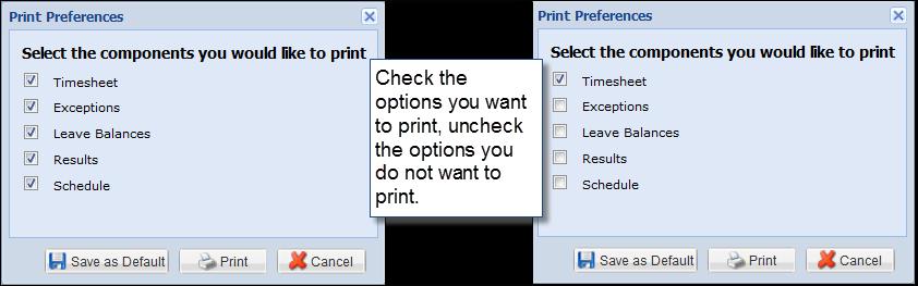 In the Print Preferences window, select the options you would like to print: 3.