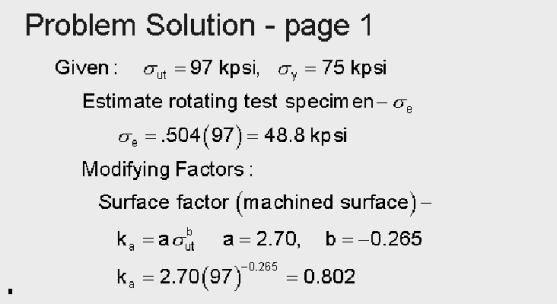 23. Problem Solution - 1 The solution is begun by estimating the rotating beam specimen endurance limit sigma e.