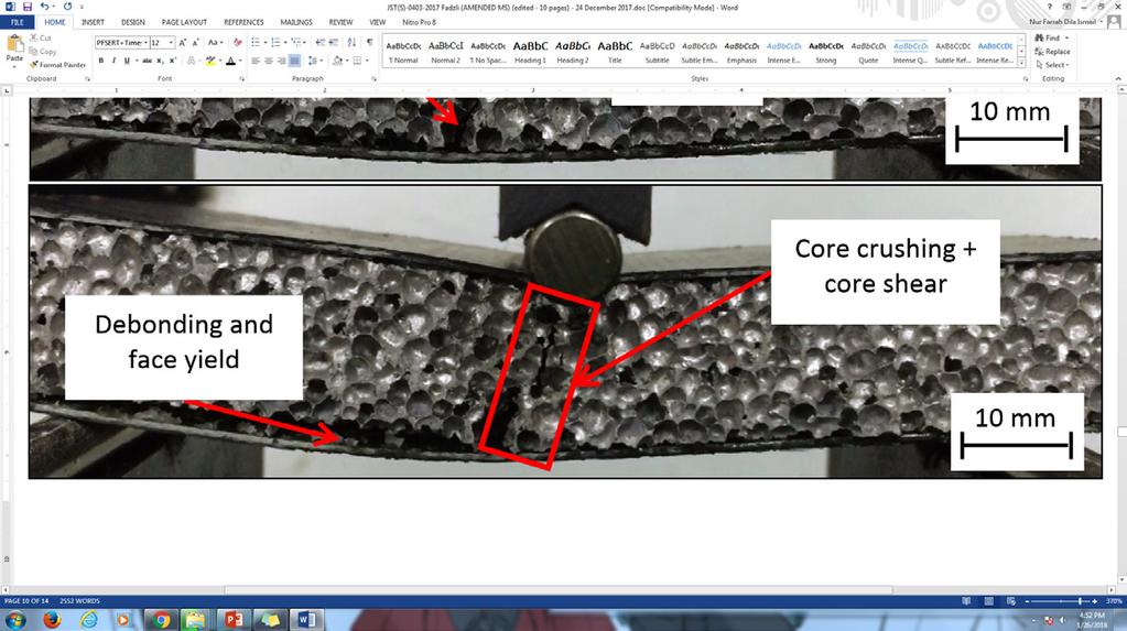 The entire core shear then connects with each other. The bottom face shear.inthe in displacement leads to an increase in core shear and core crushing as well.