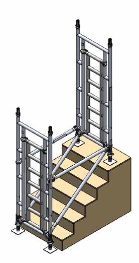 E D D D Fit two diagonal braces 4 (blue catch) between bottom rungs of both portal ladder frames, one on each side of the tower. Claws must face downwards.