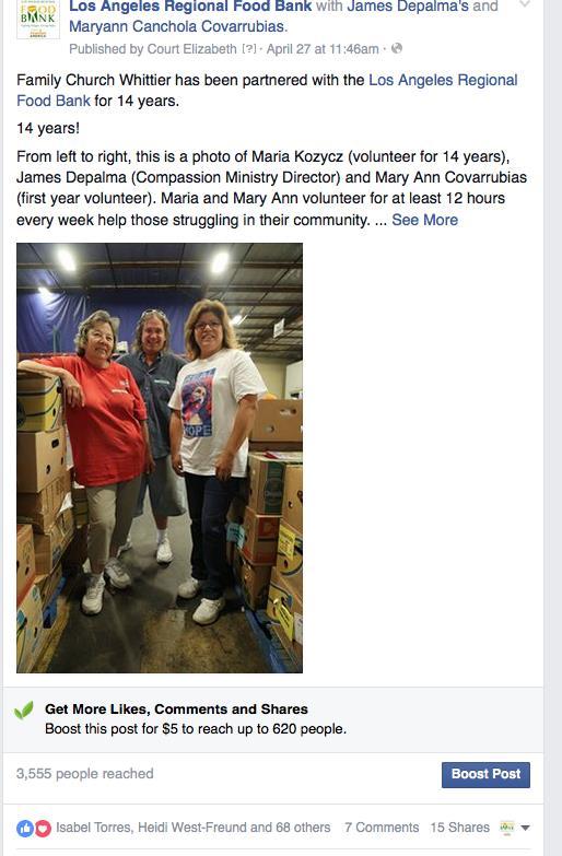 FB Examples Family Church Whittier has been partnered with the Los Angeles Regional Food Bank for 14 years.
