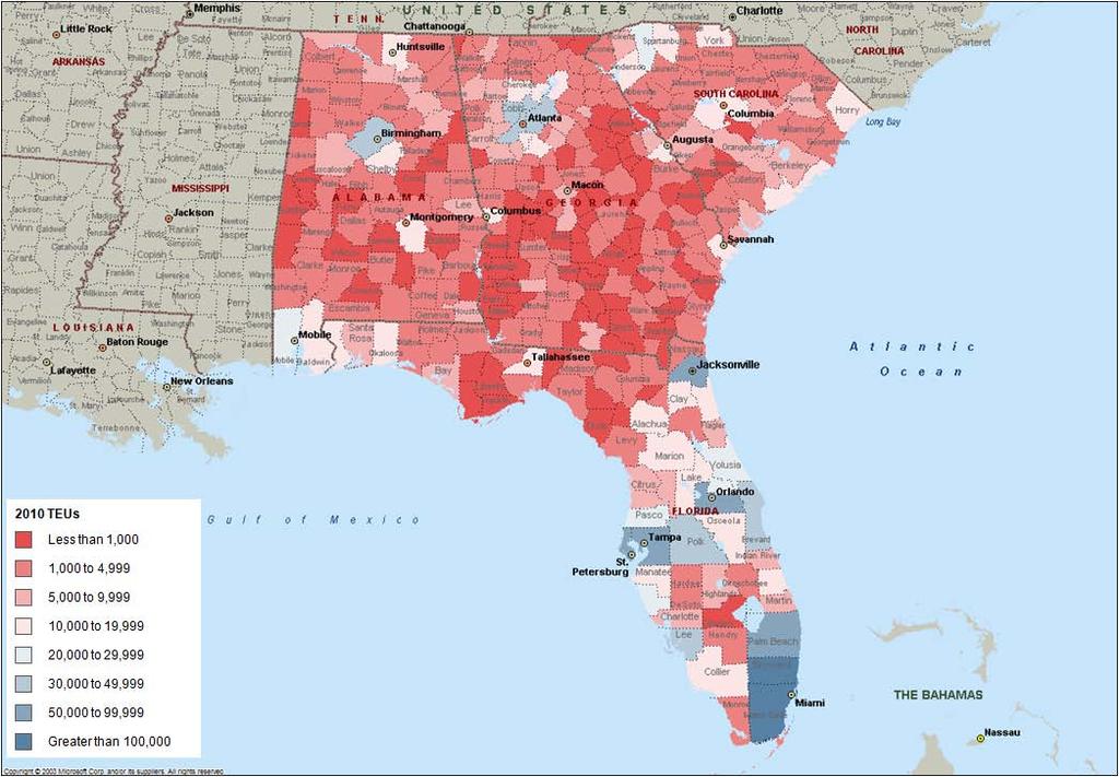 TEU Consumption by County -FL,GA, SC and AL Total consumption for 4