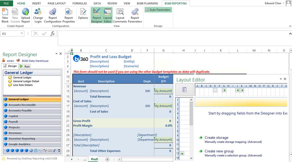 When designing a report, the user selects the fields, trees, periods, etc. from the BI360 Designer menu and drags and drops these items into the appropriate location in the Excel sheet.