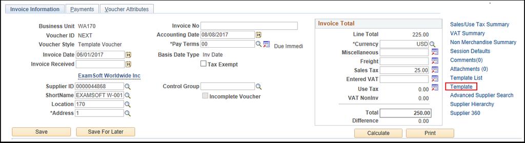 Use the Invoice Information page to enter or view invoice information, including invoice header information, non-merchandise charges, and voucher line and distribution information.