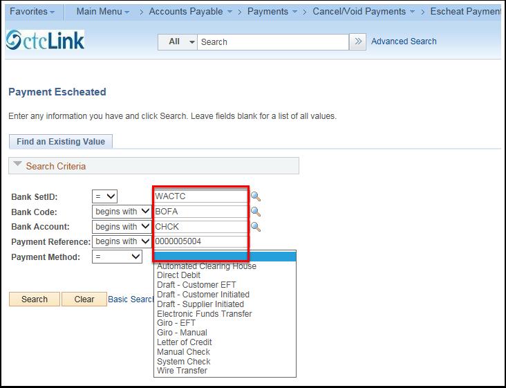 6. Click the Search button. 7. The Payment Escheatment page enables you to escheat payments. 8. Select the Escheated Check option.