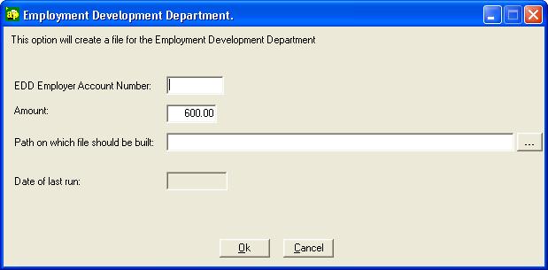 User Guide Employment Development Department Report The Employment Development Department Report creates a file (INDCONTR) to send to the California State government and generates an edit listing of