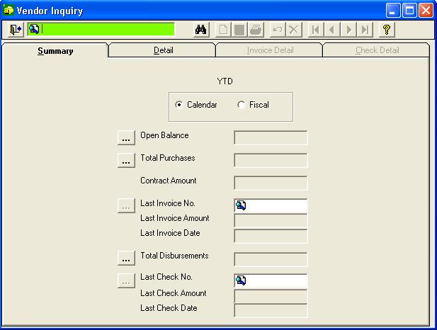 User Guide Vendor Inquiry Vendor inquiry includes the detailed history of all invoices and checks entered into, the current year s beginning open payable balance, and the total year-to-date purchases.