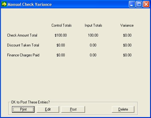 User Guide 15. Click End Batch. The Manual Check Variance window appears. 16.
