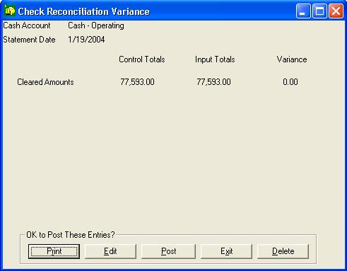 User Guide 9. Click End Batch. The Check Reconciliation Variance window appears. 10.
