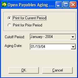 User Guide Generating the Open Payables Aging 1. From the menu bar, select Reports, Operating Reports, and then Open Payables Aging. The Open Payables Aging Report dialog box appears. 2.