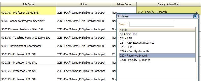Once you have added a new employee, you can change the properties of the position (Job Code, Union Code, etc.