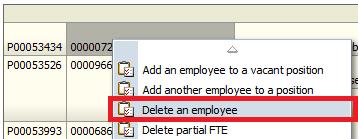 21 Delete an employee from a position Use this task if an employee is terminating from a position. 1. Right click on the employee you wish to delete. Choose Delete an employee from the drop down menu.