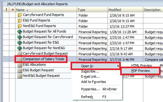 38 3. Right click on Comparison of Salary Totals, hover over Open In, and then select PDF Preview : You will