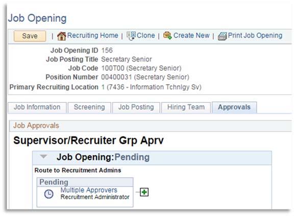 Save and Submit the Approvals tab is added to confirm it has been sent Job Posting is sent to Recruitment