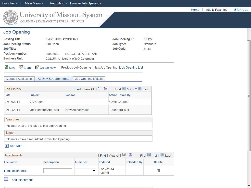 UMSYS HR 9.1 Recruiting - Hiring Managers MU Activity & Attachments The file will display in the Attachments section.