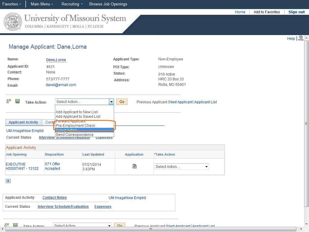 UMSYS HR 9.1 Recruiting - Hiring Managers MU Click the Select Action list.