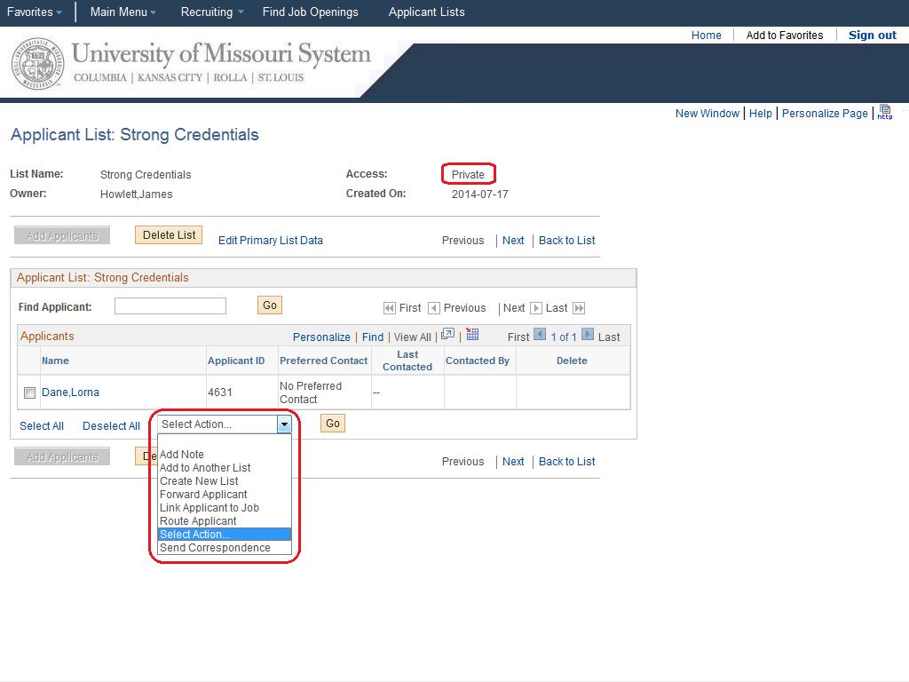 UMSYS HR 9.1 Recruiting - Hiring Managers MU Create Applicant List The Applicant List page will display.