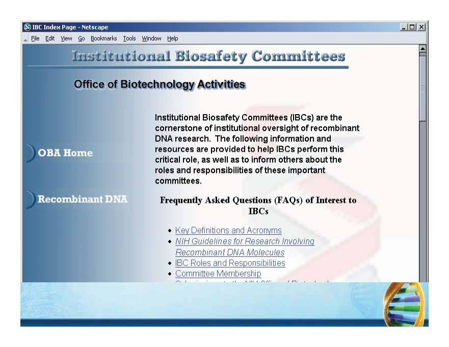 IOC Inde~ Page Netscape Committees Institutional Biosafety Committees (IBCs) are the cornerstone of institutional oversight of recombinant DNA research.