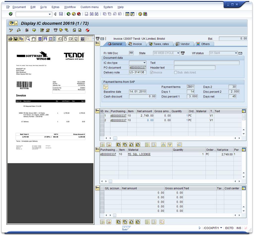 Document overview list Detail screen with header, line item and purchase order data Invoice image