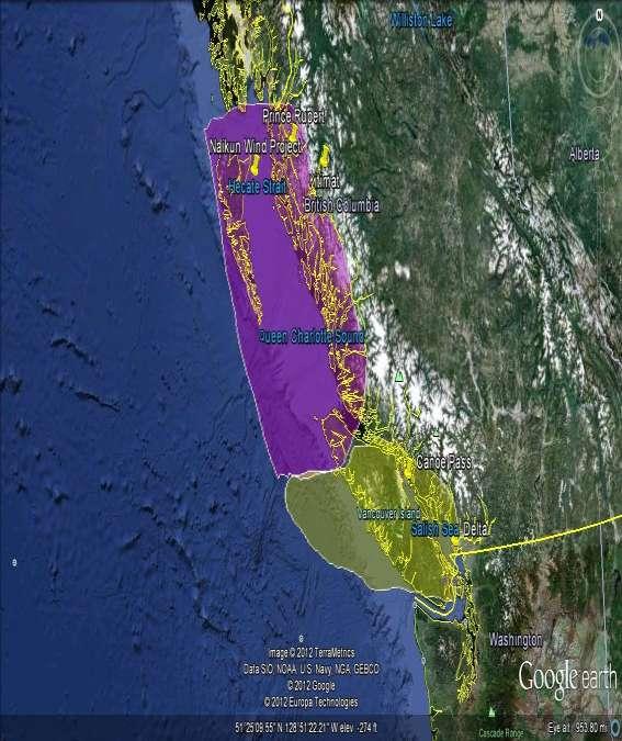 Geographical Context Coarse division of BC coastal waters into: North Central Coast pink South Coast yellow Majority of