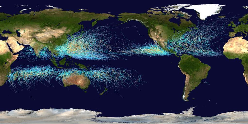 Tropical Cyclones This map shows the tracks of all tropical cyclones which formed worldwide from 1985