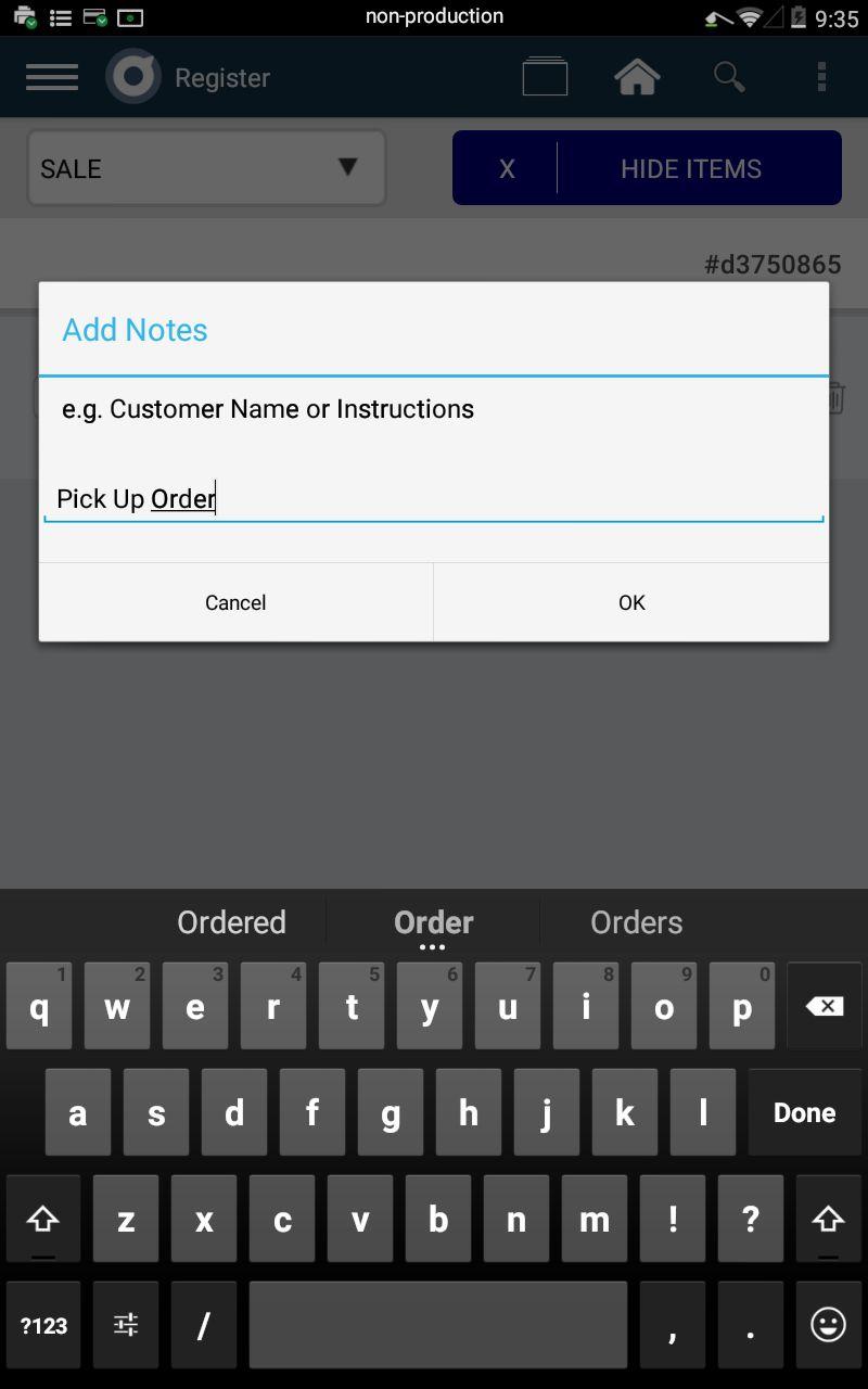 Add Notes - Option 2: You can enter custom notes by tapping on the NOTES tab after entering the amount to be charged.