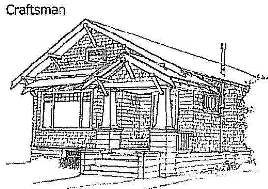 Craftsman An extension of the early Bungalow, the Craftsman design included a low-pitched gabled roof with a wide, unenclosed eave overhang.