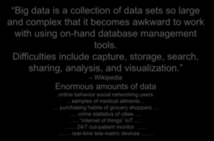 Introducing Big Data Big data is a collection of data sets Cheap so Storage large and complex that it becomes awkward to work with using on-hand database