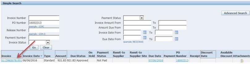 Search results are displayed in summary for all invoices