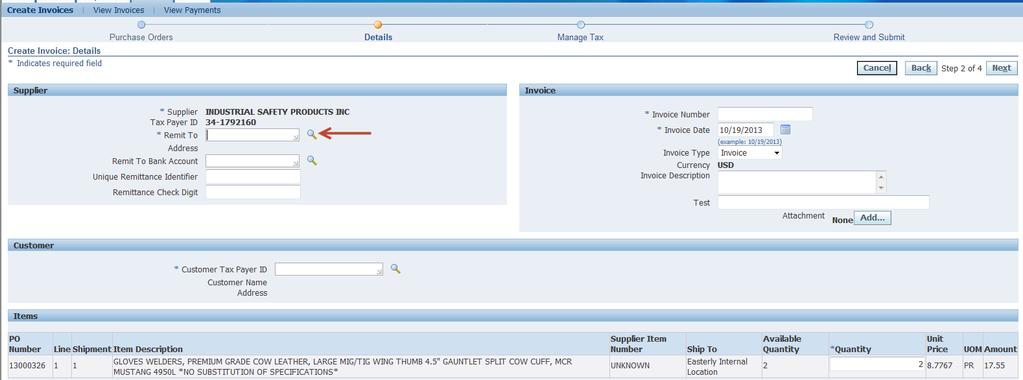 The Create Invoice: Details window is displayed. Use this window to complete detail information for the invoice.