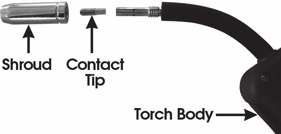4. Pass the wire through the guide, over the drive roller and into the torch liner. Push about 10-15 cm into the torch liner. 5. Lower the arm and replace the tensioning knob.