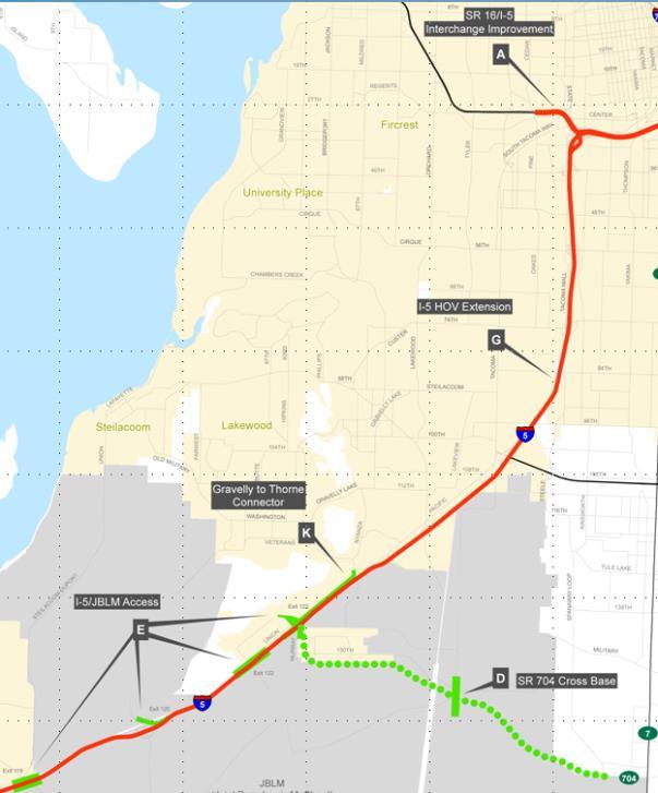 c. I-5 Interchange improvements Starting from SR 16 and moving down to the Joint Base Lewis McChord interchanges, the traffic congestion has become more acute not simply due to JBLM traffic but also