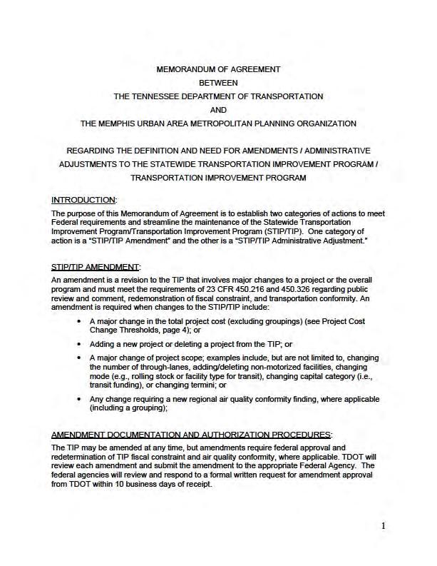 TABLE OF CONTENTS Memorandum of Agreement for TIP Amendments & Adjustments* The following Memorandum of Agreement describes procedures used by the Memphis MPO to process amendments and adjustments to