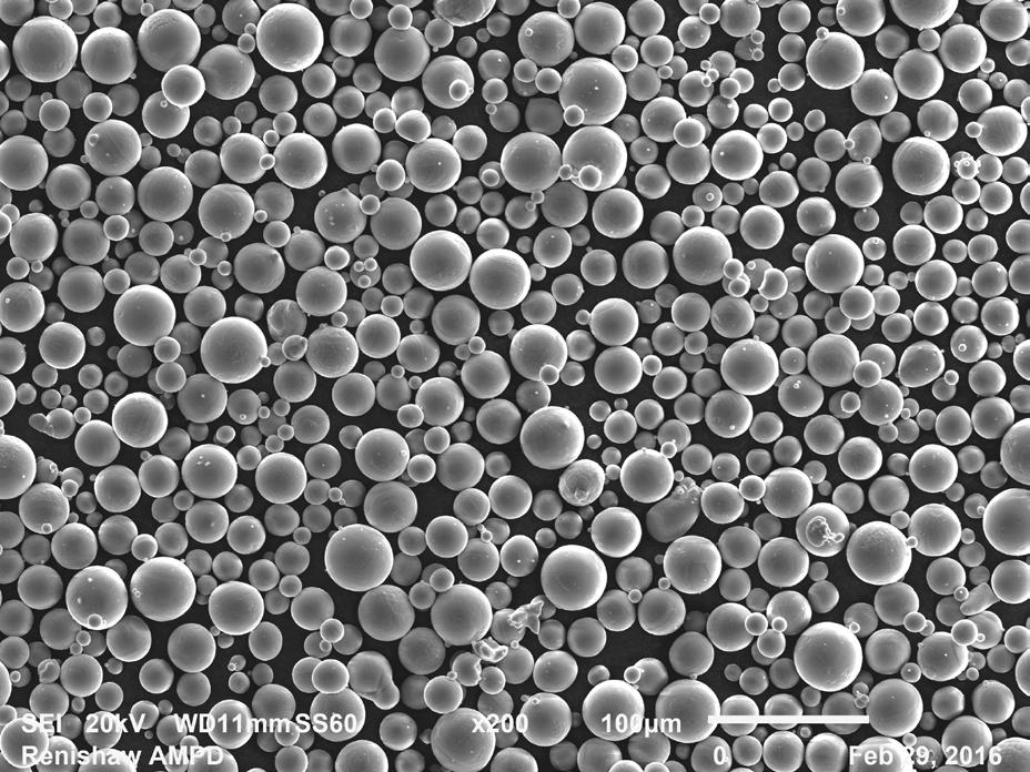 SEM image of virgin Ti6Al4V powder clearly showing small satellite particles sintered to larger particles 750 magnification