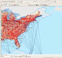 Display of the new network dataset in ArcMap With all of the necessary attributes added to the network and the network dataset built, the network can be used to analyze intermodal freight movement.