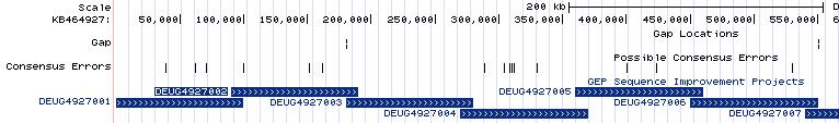 Greene 3 Initial Assembly Contig DEUG4927002 maps to bases 90,000-190,000 of the D. eugracilis dot chromosome (Figure 1). The initial Assembly View (Figure 2) showed a single contig of 100 kb.
