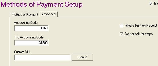 Usually, in the case of a Cash Method of Payment, you only input a GL code in the first field as in the sample above.