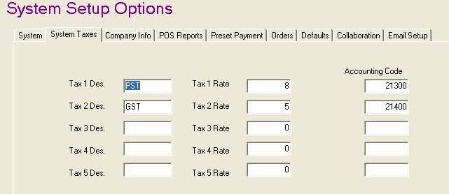 Taxes To specify GL Codes on Taxes, from the PixelPoint Backoffice go to Administrator Menu» Setup System» System Taxes Tab to see the following form: For each