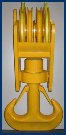 Wide capacity range available Standard capacities to 300T Design factor 4:1 Larger capacities available Sheaves from 8 to 36 Wire rope sizes to 1 ¾ Hooks- high quality forged alloy steel Per DIN