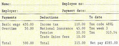 Here is an example of a wage slip and time-sheet: They show: Basic pay