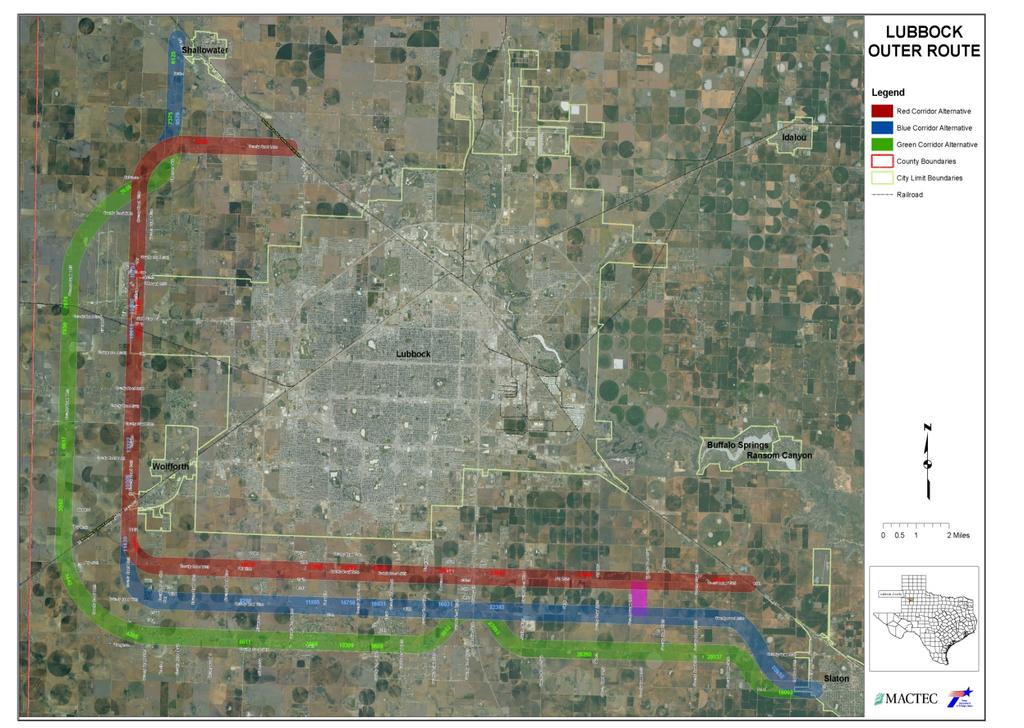 Consideration of these various constraints resulted in the development of three preliminary 0.5 mile wide alternative corridors as presented in Figure ES.2.