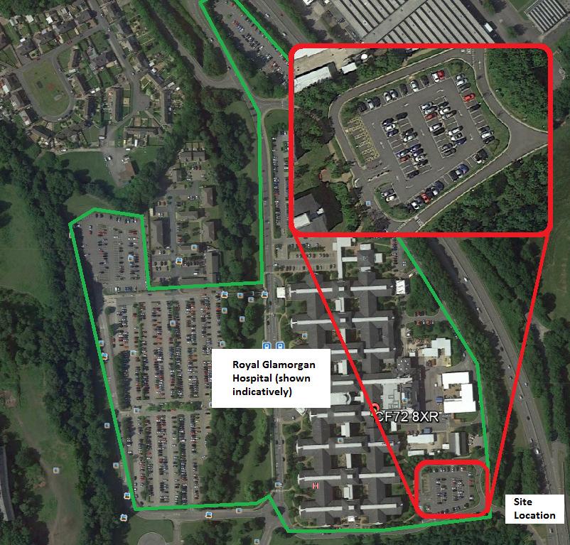 PALLIATIVE CARE UNIT, Y BWTHYN 2.2. As shown in Figure 2.2, the site is located within an existing car park to the south east of the main building at Royal Glamorgan Hospital.