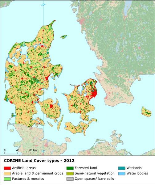 Land cover 2012 Overview of land cover & change The overall land cover change rate in Denmark, which has been below the European average in the long term, is continuously slowly decreasing.