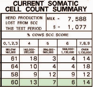 % Cows SCC Score - the % of first lactation, second lactation, third and greater lactation cows, and all cows in each of five somatic cell count score categories (0-3, 4, 5, 6, 7-9) are listed.