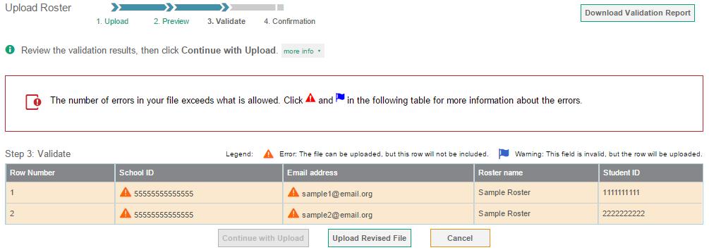 Section III. Preparing for Testing Creating Rosters Through File Upload Figure 31. Step 3: Validate screen with errors 2.