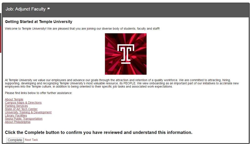 Onboarding When the ESP has been hired by the Department Recruiter and Onboarding has been launched, the ESP will receive a Welcome to Temple email.
